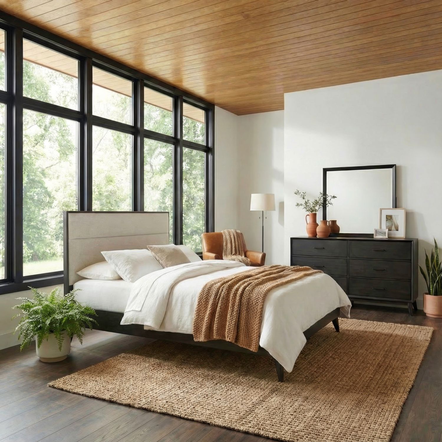 Century Modern King Upholstery Platform Bed, Dresser & Mirror