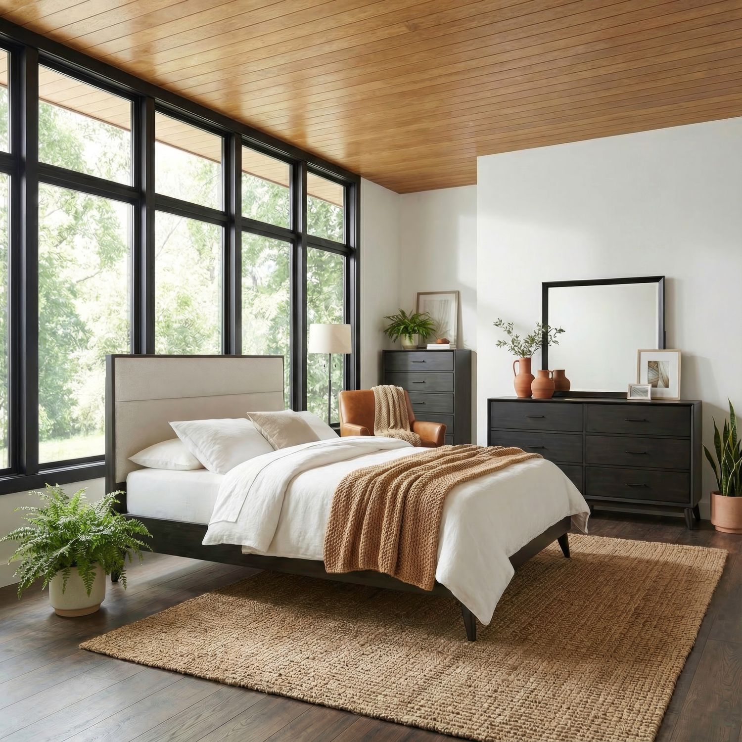 Century Modern King Upholstery Platform Bed, Dresser & Mirror, Chest
