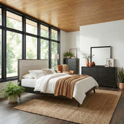Century Modern King Upholstery Platform Bed, Dresser & Mirror, Chest
