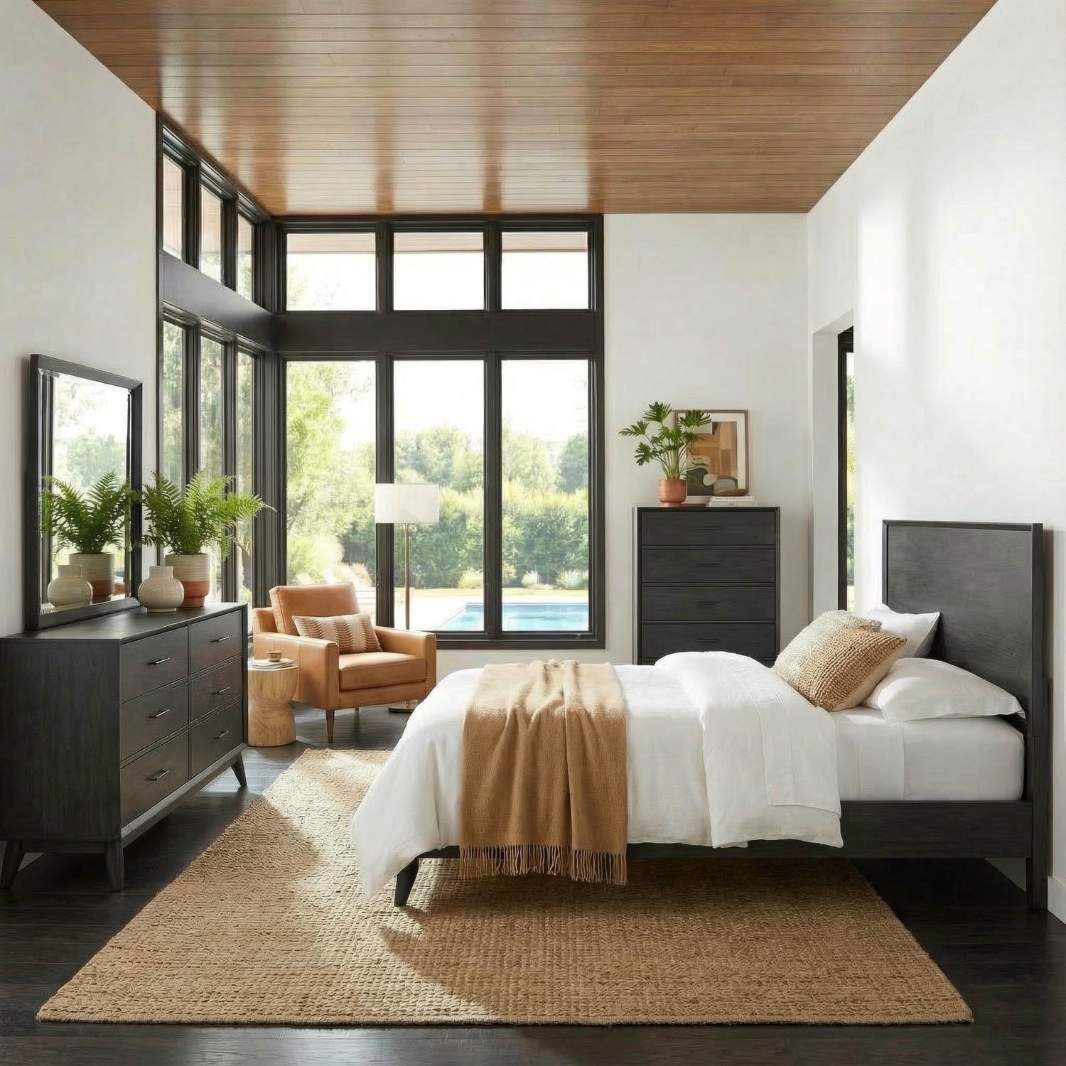Century Modern Queen Platform Bed, Dresser & Mirror, Chest