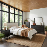 Century Modern Queen Upholstery Platform Bed, Dresser & Mirror, Chest, Nightstand