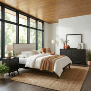 Century Modern Queen Upholstery Platform Bed, Dresser & Mirror, Nightstand