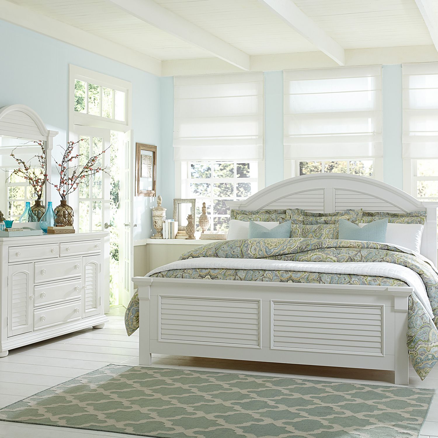 Summer House King Panel Bed, Dresser & Mirror, Nightstand