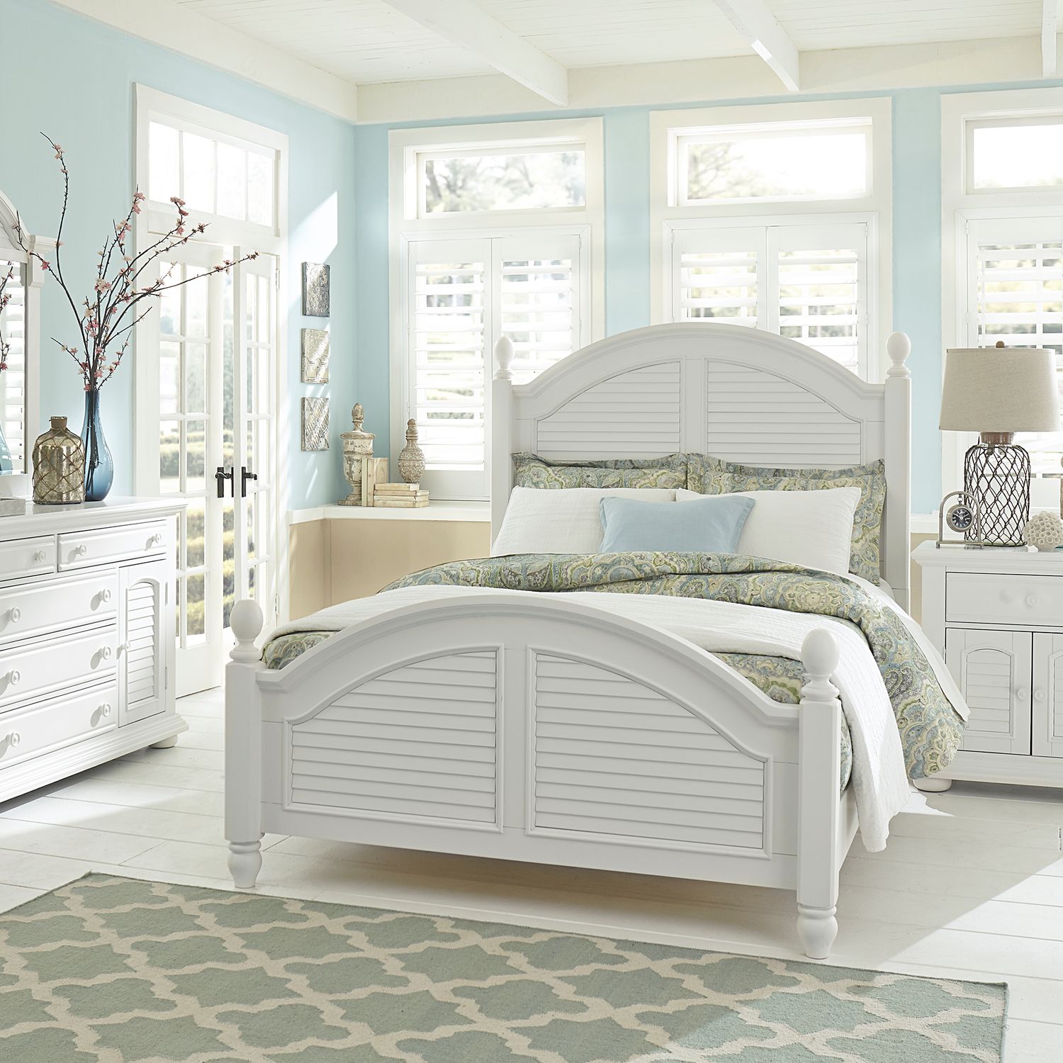 Summer House King Poster Bed, Dresser & Mirror, Chest, Nightstand