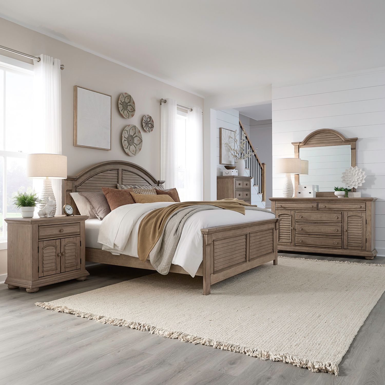 Summer House Queen Panel Bed, Dresser & Mirror, Chest, Nightstand