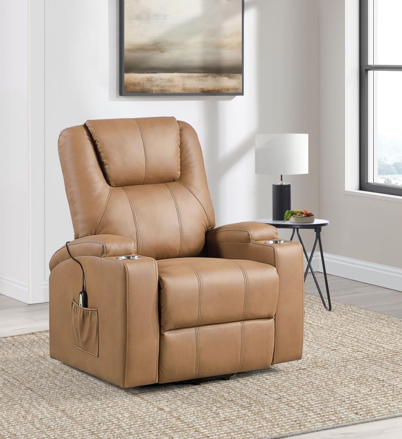 Armstrong Channel-Stitched Faux Leather Power Lift Massage Recliner Camel