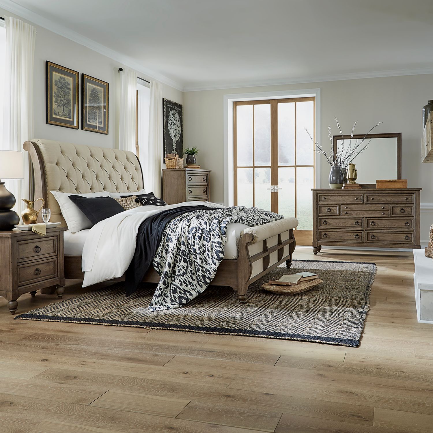 Americana Farmhouse King California Sleigh Bed, Dresser & Mirror, Chest, Nightstand