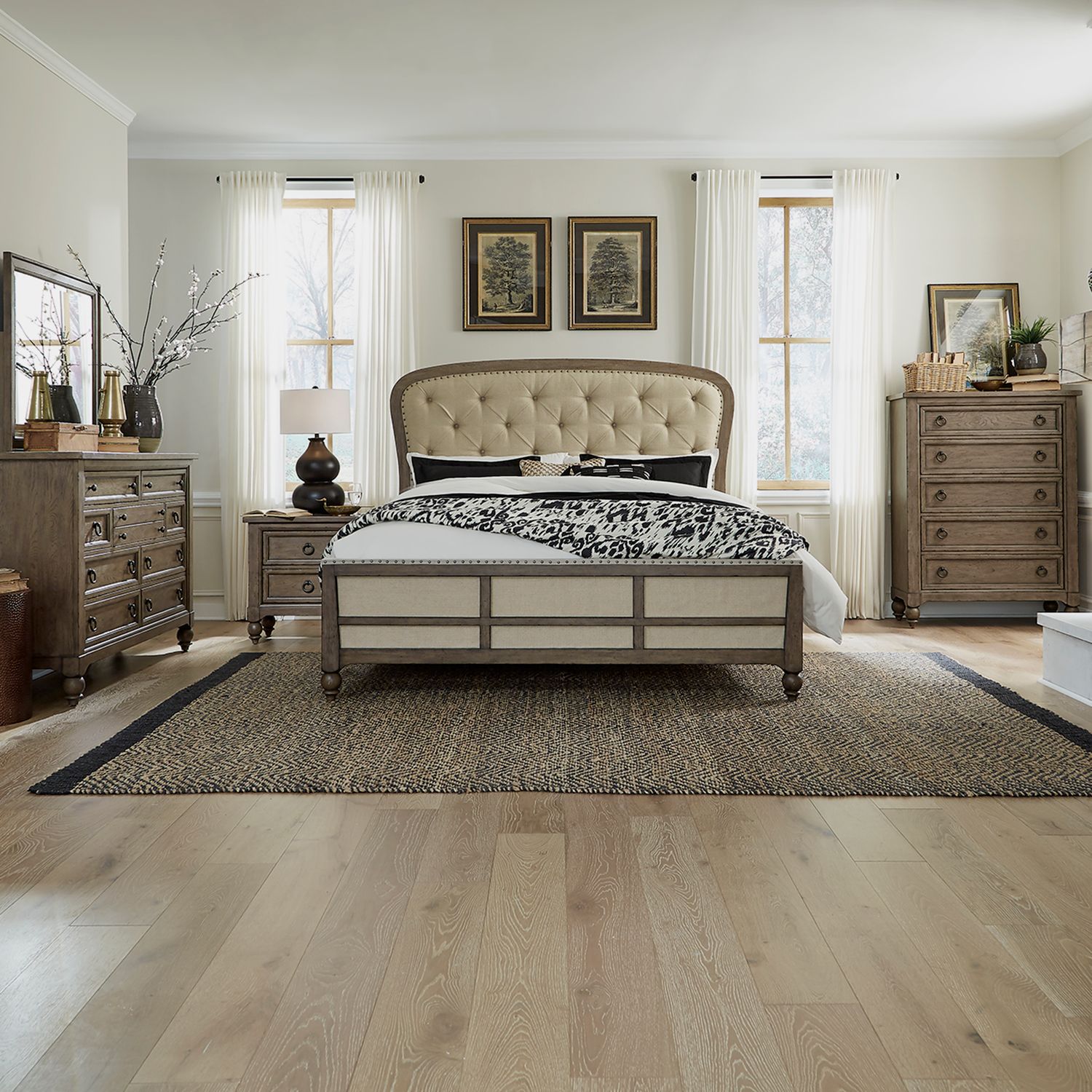 Americana Farmhouse King Shelter Bed, Dresser & Mirror, Chest, Nightstand