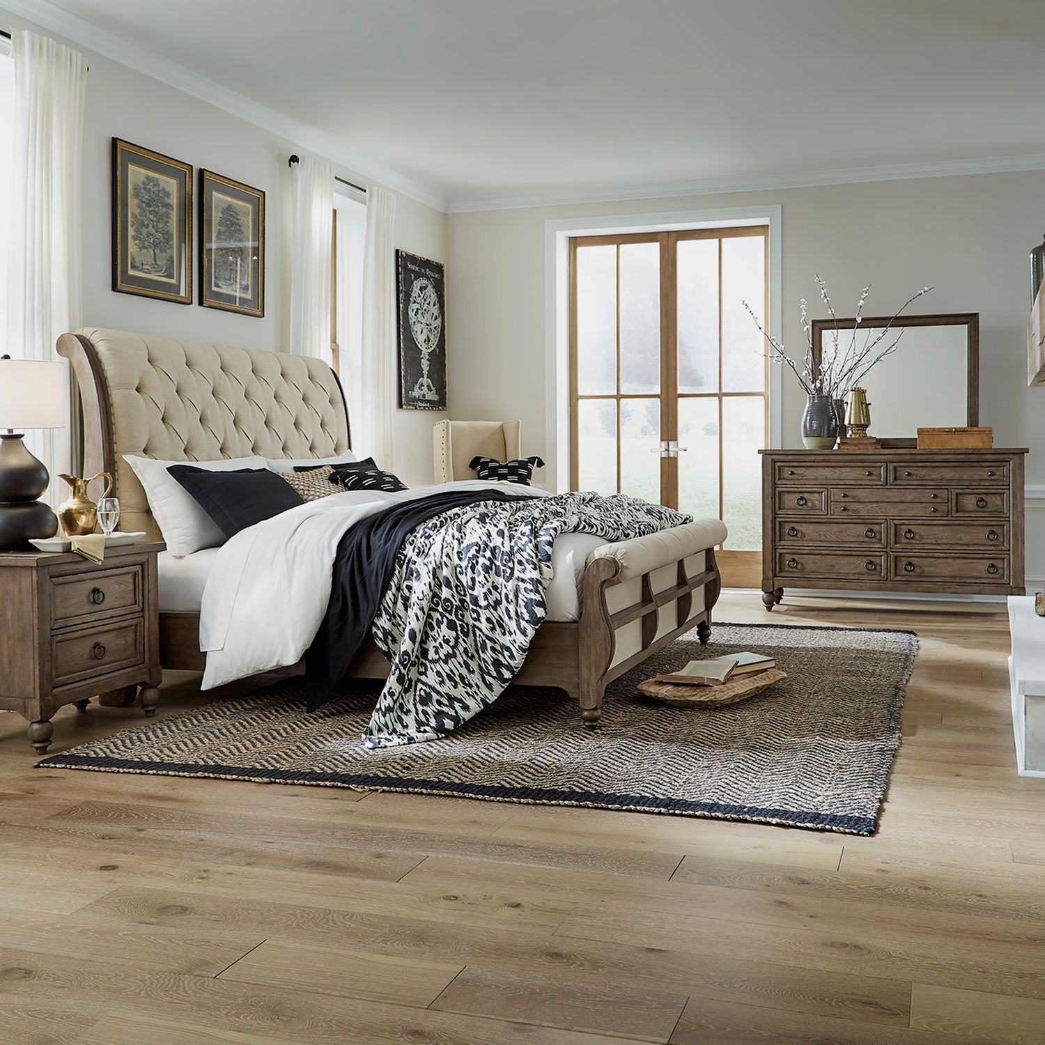 Americana Farmhouse King Sleigh Bed, Dresser & Mirror, Nightstand