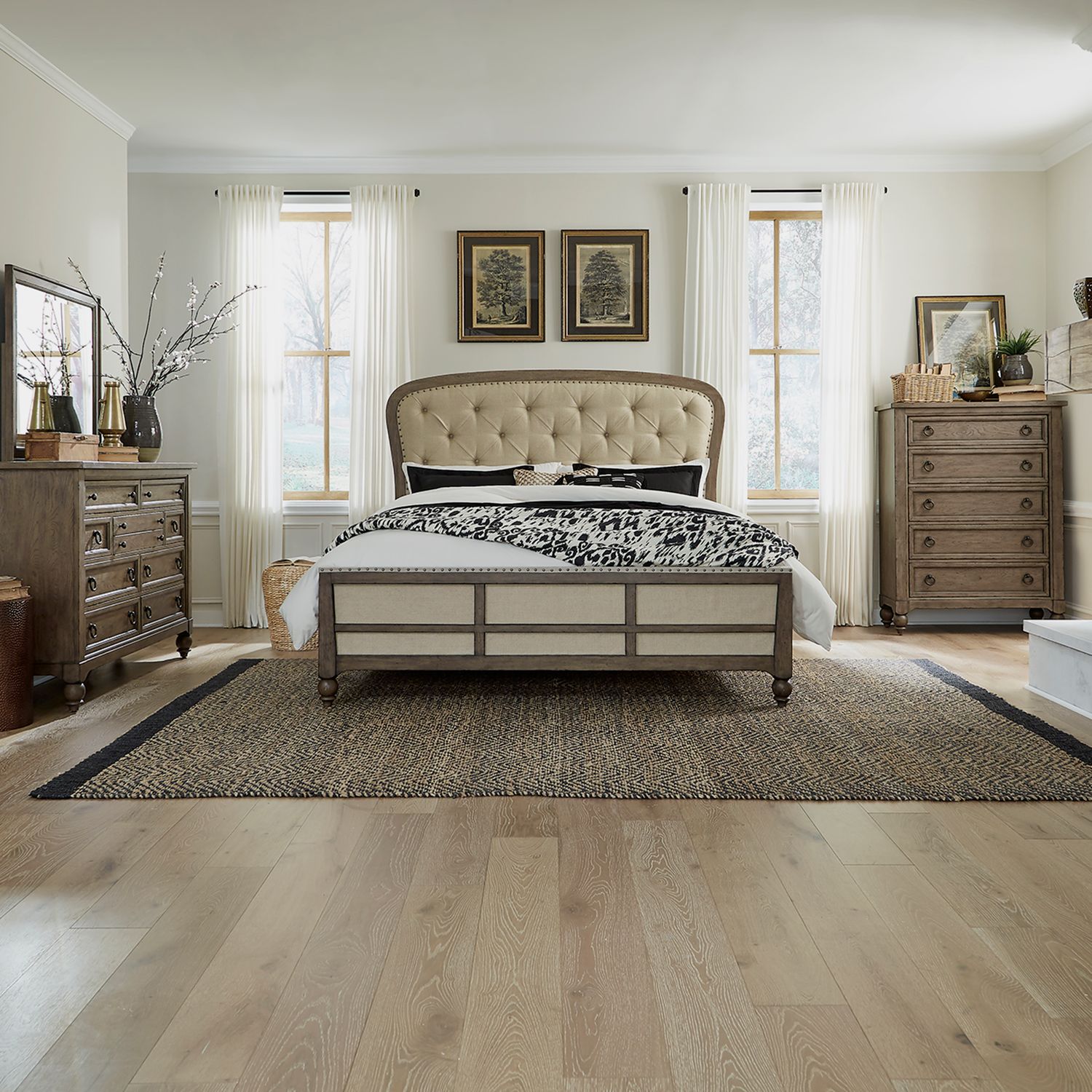 Americana Farmhouse Queen Shelter Bed, Dresser & Mirror, Chest
