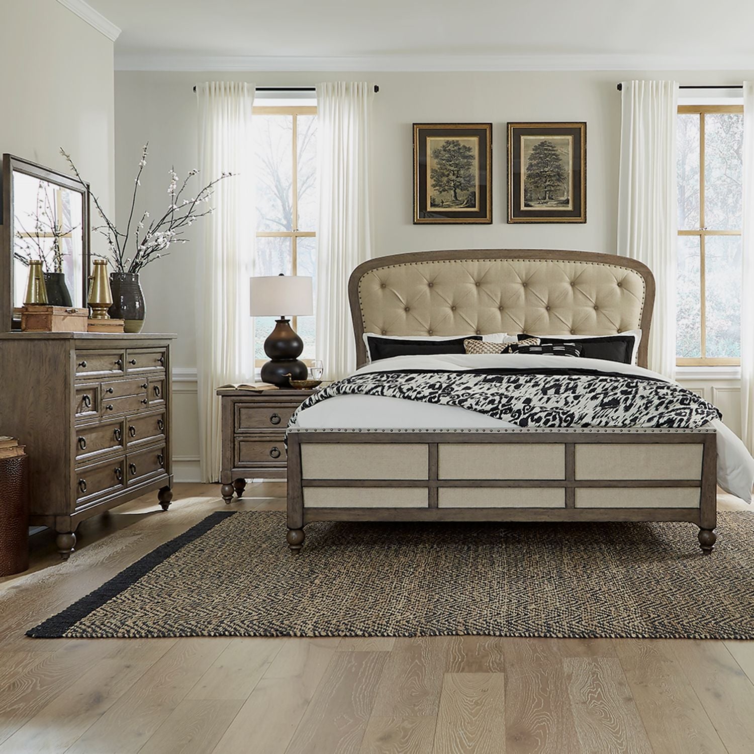 Americana Farmhouse Queen Shelter Bed, Dresser & Mirror, Nightstand