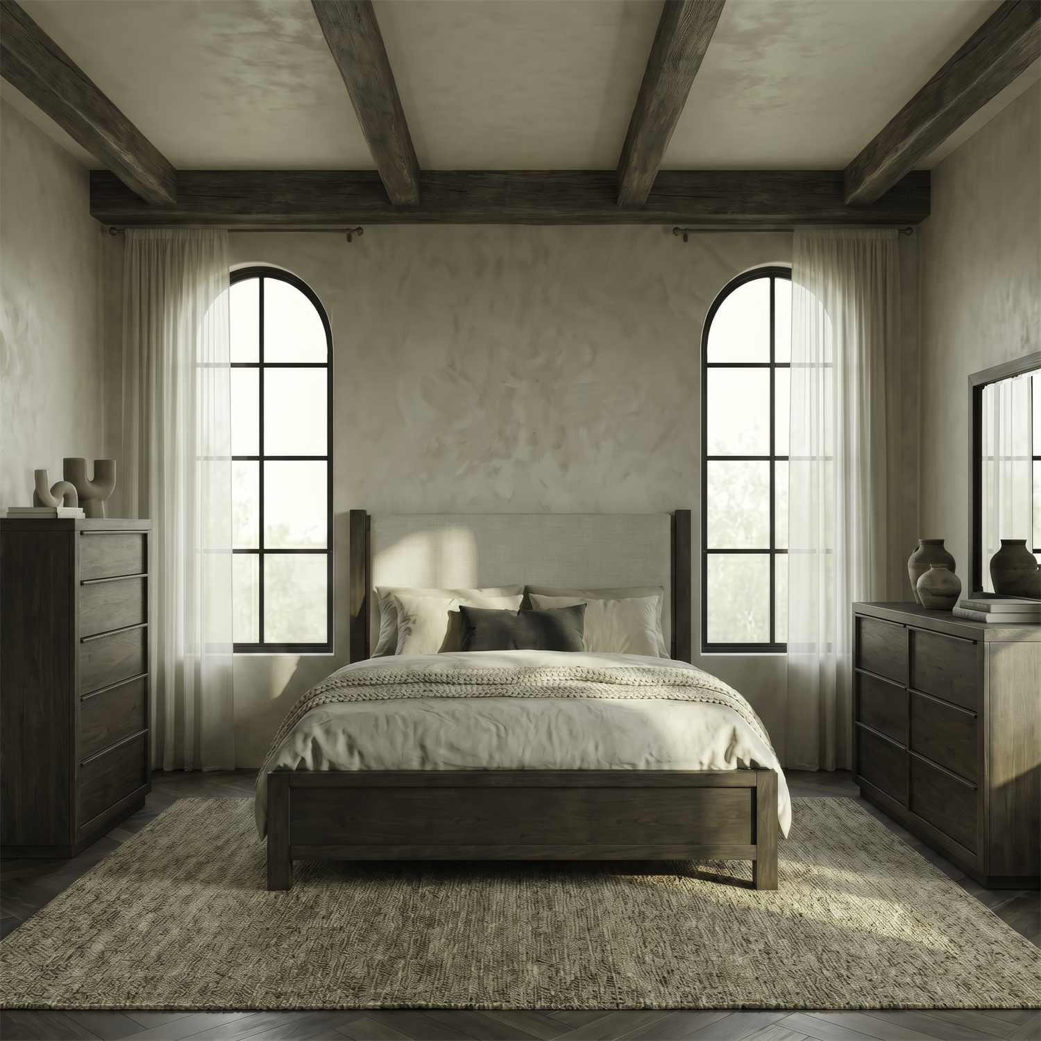 Stillwater King Upholstery Bed, Dresser & Mirror, Chest
