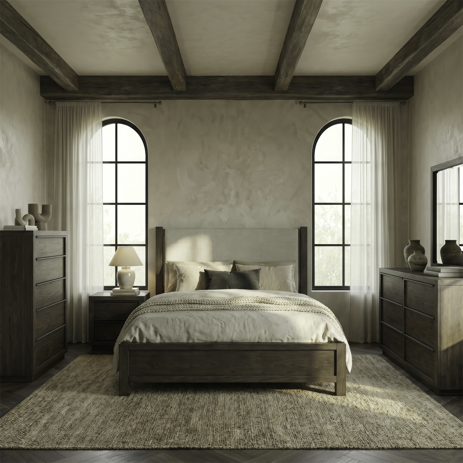Stillwater King Upholstery Bed, Dresser & Mirror, Chest, Nightstand