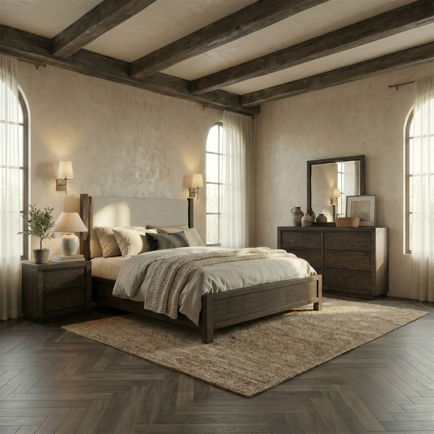 Stillwater Queen Upholstery Bed, Dresser & Mirror, Nightstand