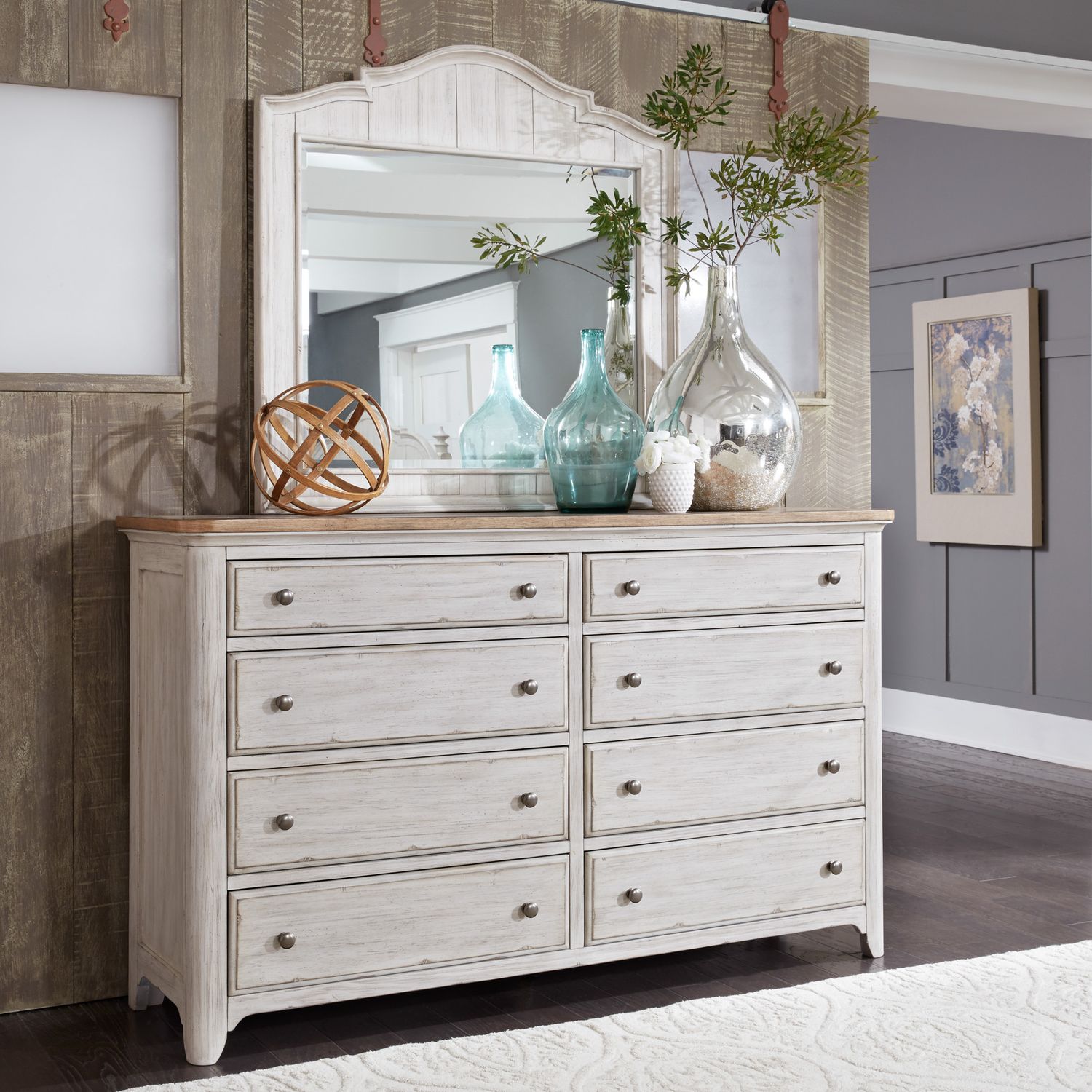 Farmhouse Reimagined King Poster Bed, Dresser & Mirror, Nightstand