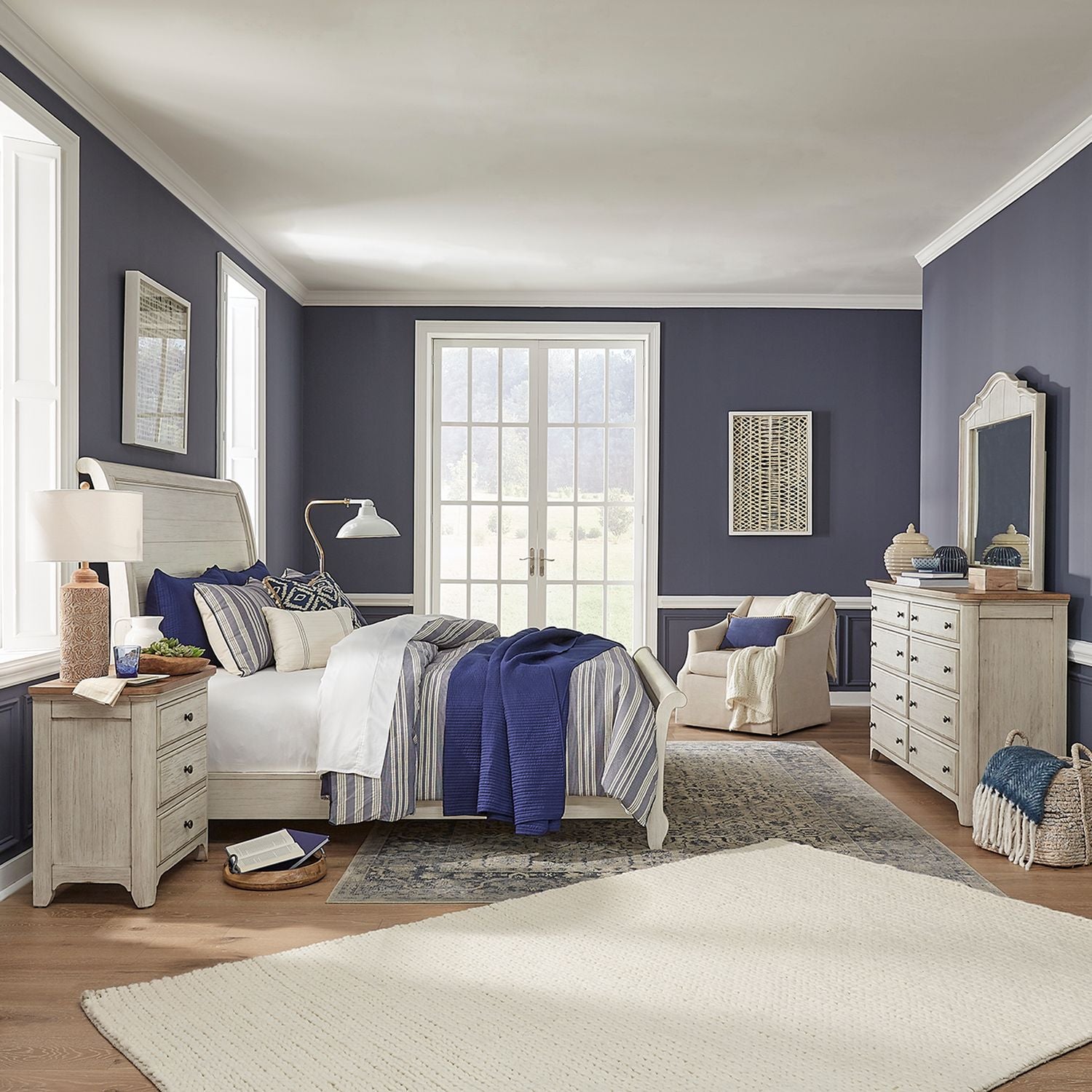 Farmhouse Reimagined King Sleigh Bed, Dresser & Mirror, Nightstand