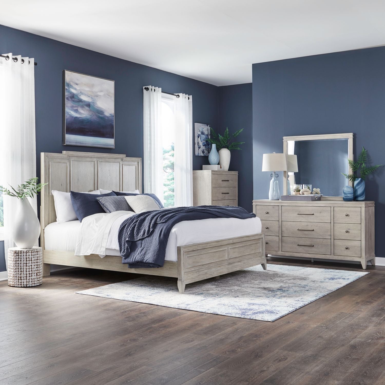 New Haven King California Panel Bed, Dresser & Mirror, Chest