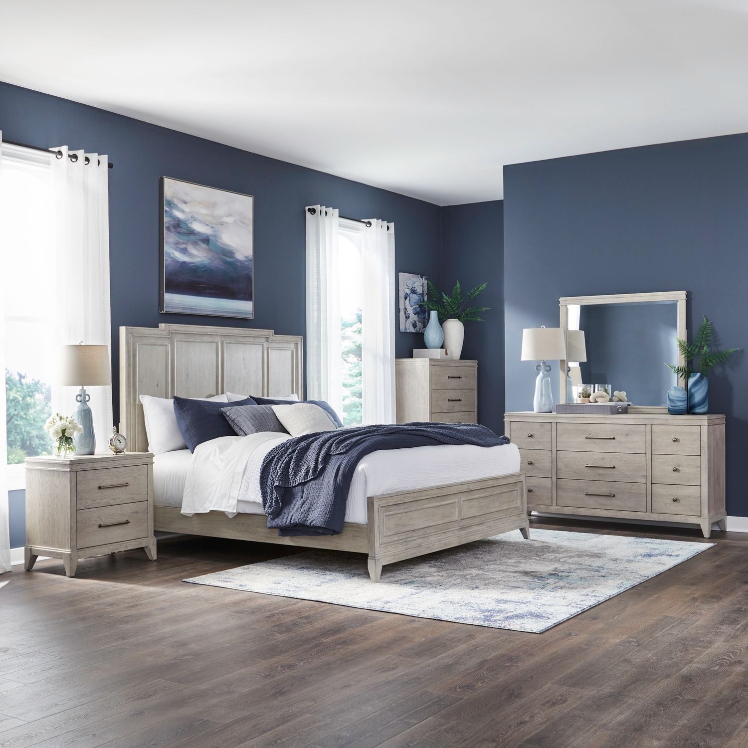 New Haven King California Panel Bed, Dresser & Mirror, Chest, Nightstand
