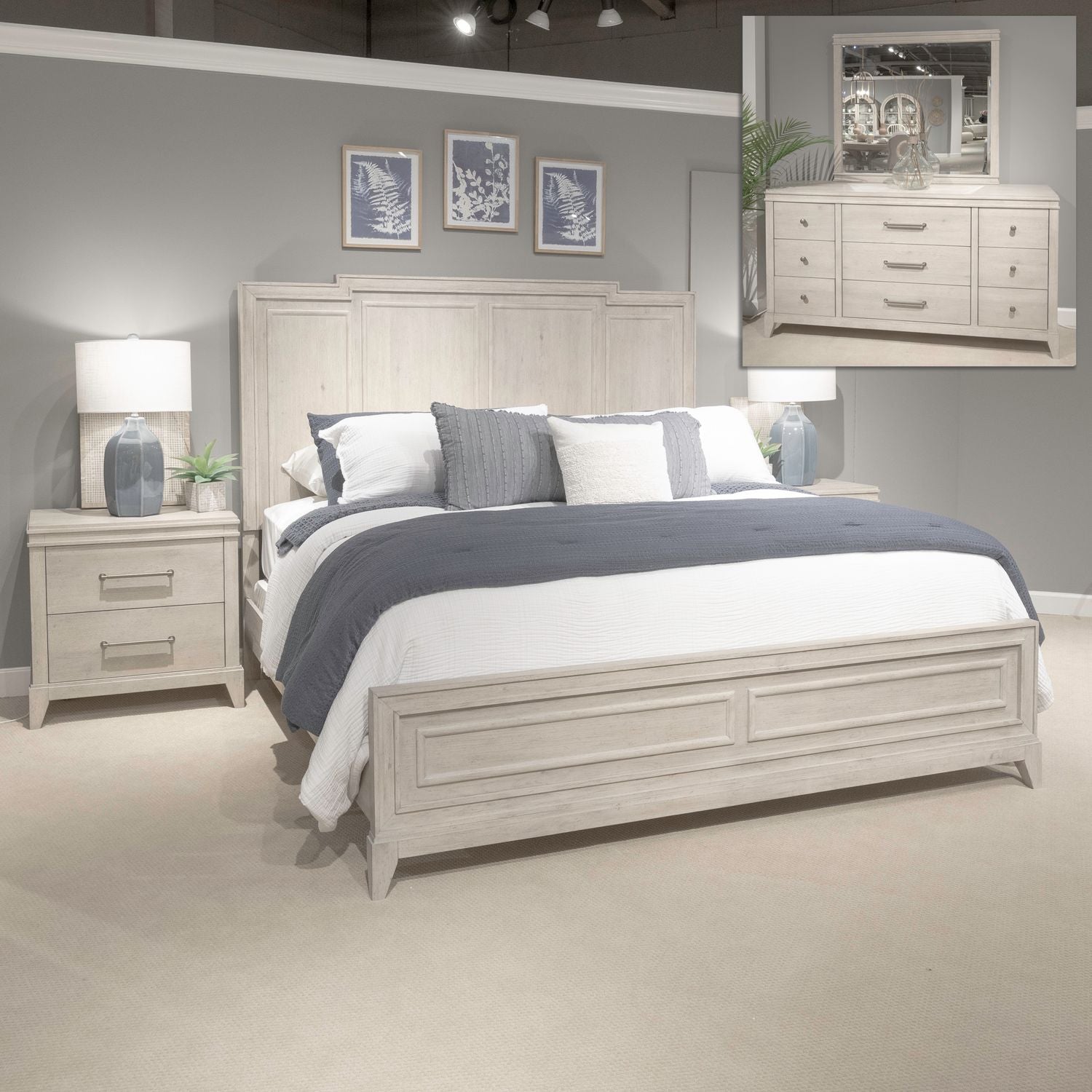 New Haven King California Panel Bed, Dresser & Mirror, Nightstand