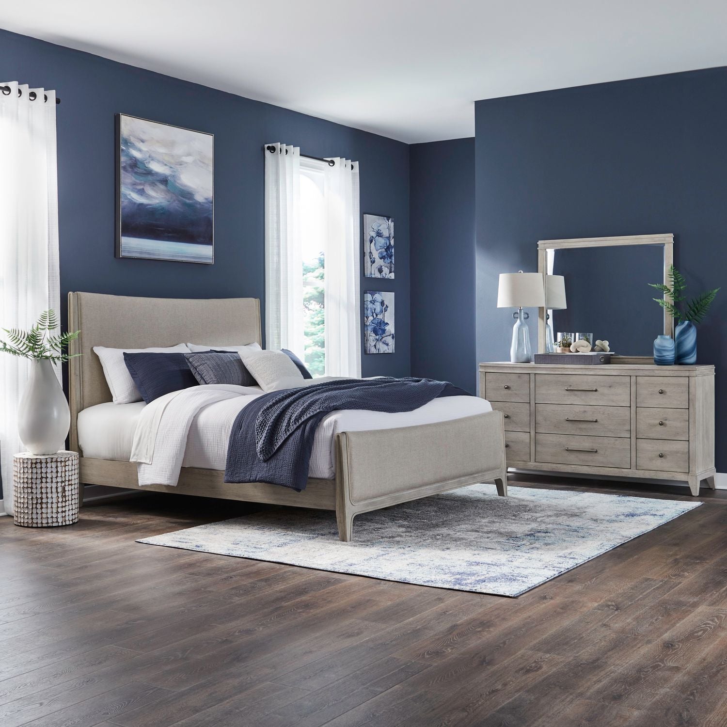 New Haven King California Upholstery Bed, Dresser & Mirror