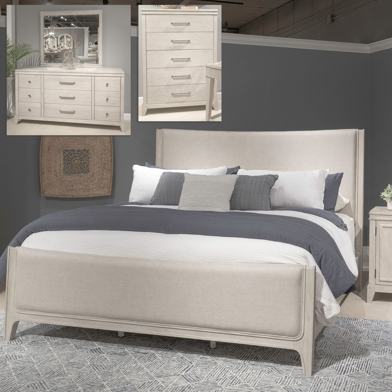 New Haven King California Upholstery Bed, Dresser & Mirror, Chest