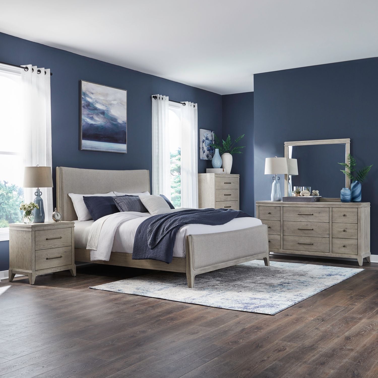 New Haven King California Upholstery Bed, Dresser & Mirror, Chest, Nightstand