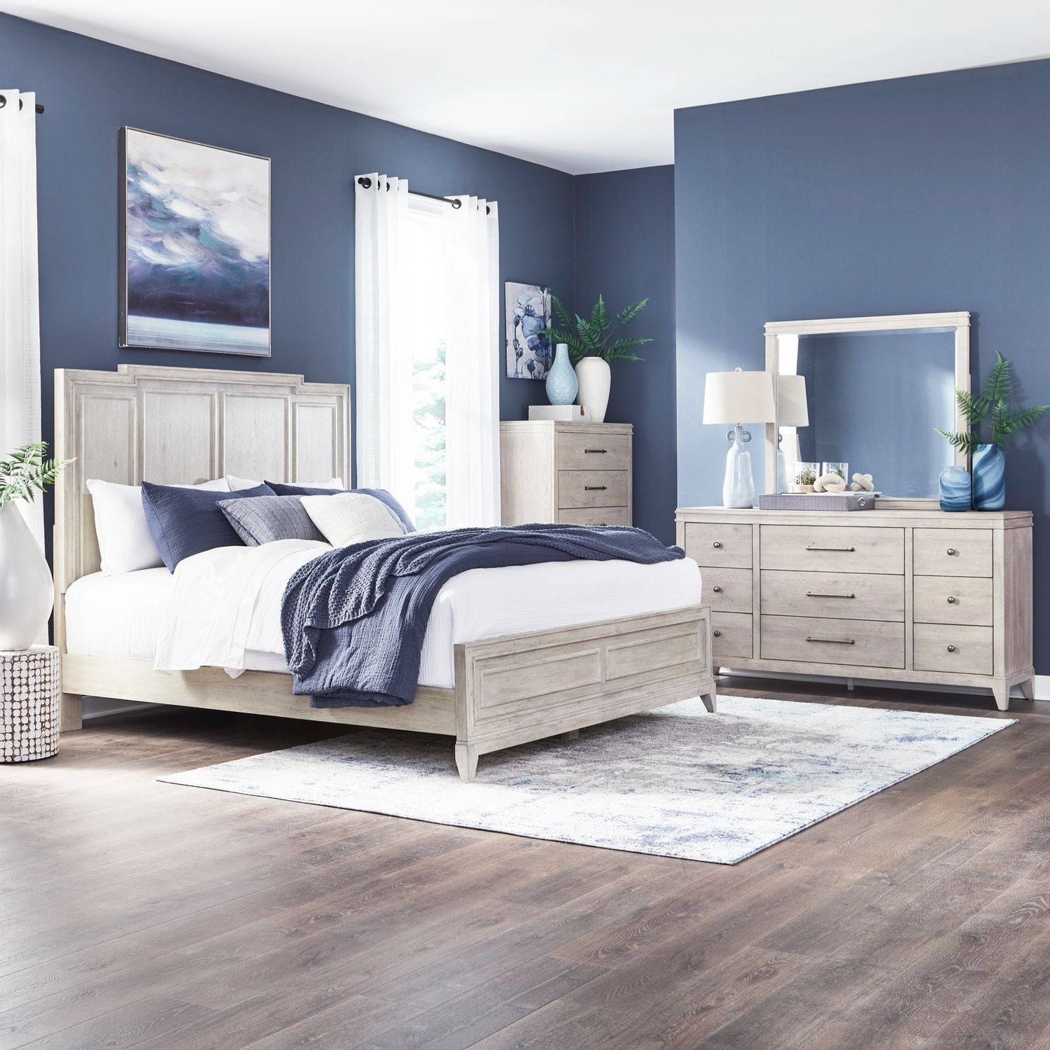 New Haven King Panel Bed, Dresser & Mirror, Chest