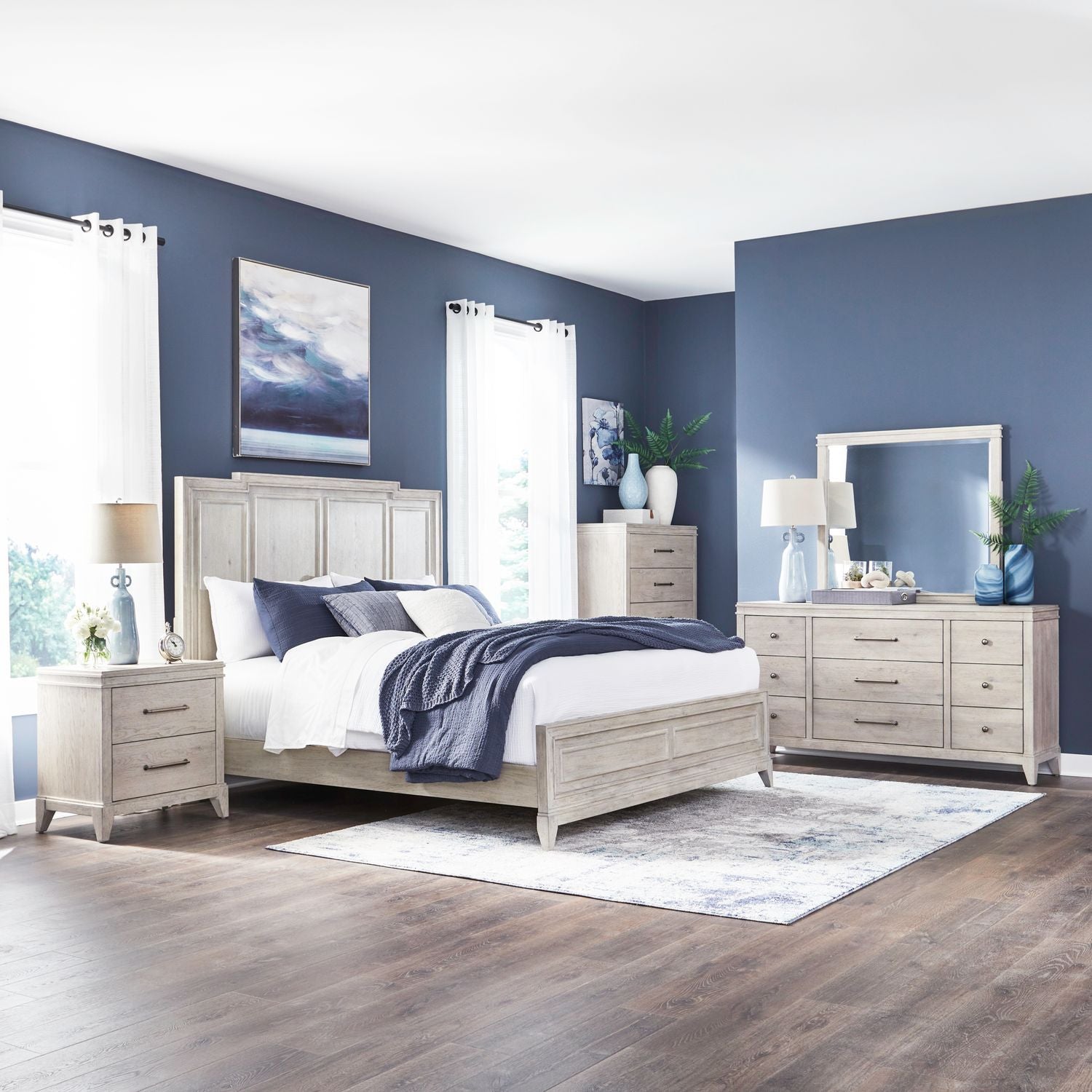 New Haven King Panel Bed, Dresser & Mirror, Chest, Nightstand