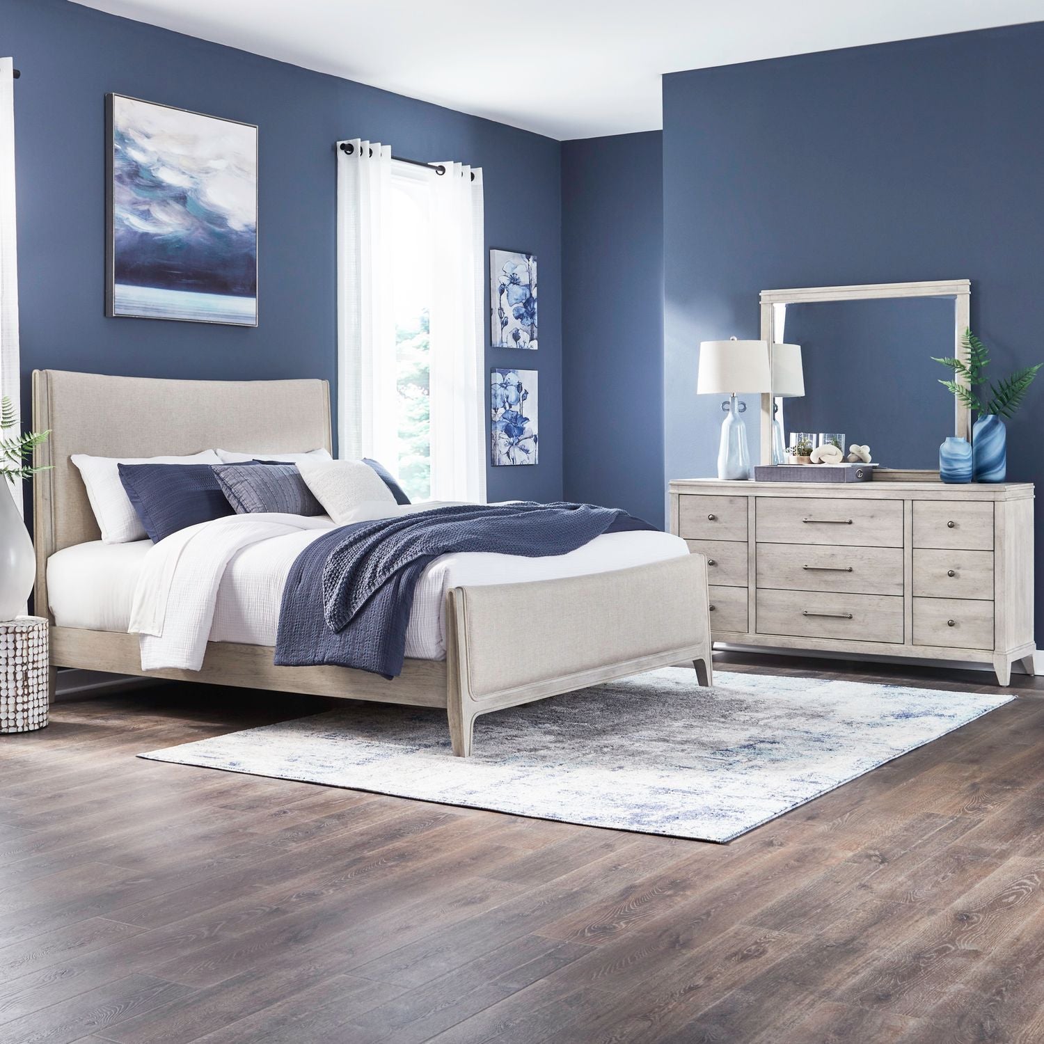 New Haven King Upholstery Bed, Dresser & Mirror