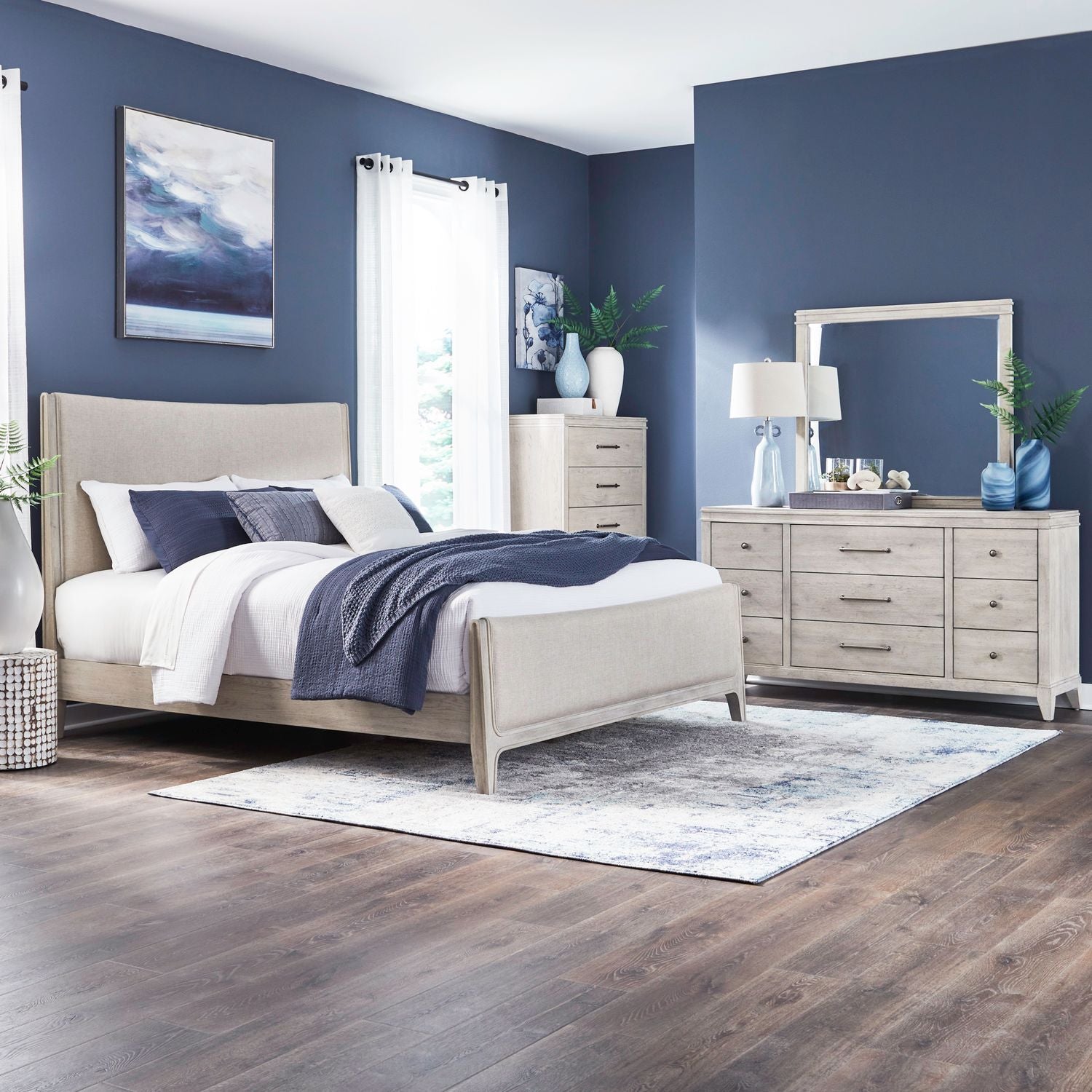 New Haven King Upholstery Bed, Dresser & Mirror, Chest