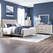 New Haven King Upholstery Bed, Dresser & Mirror, Chest
