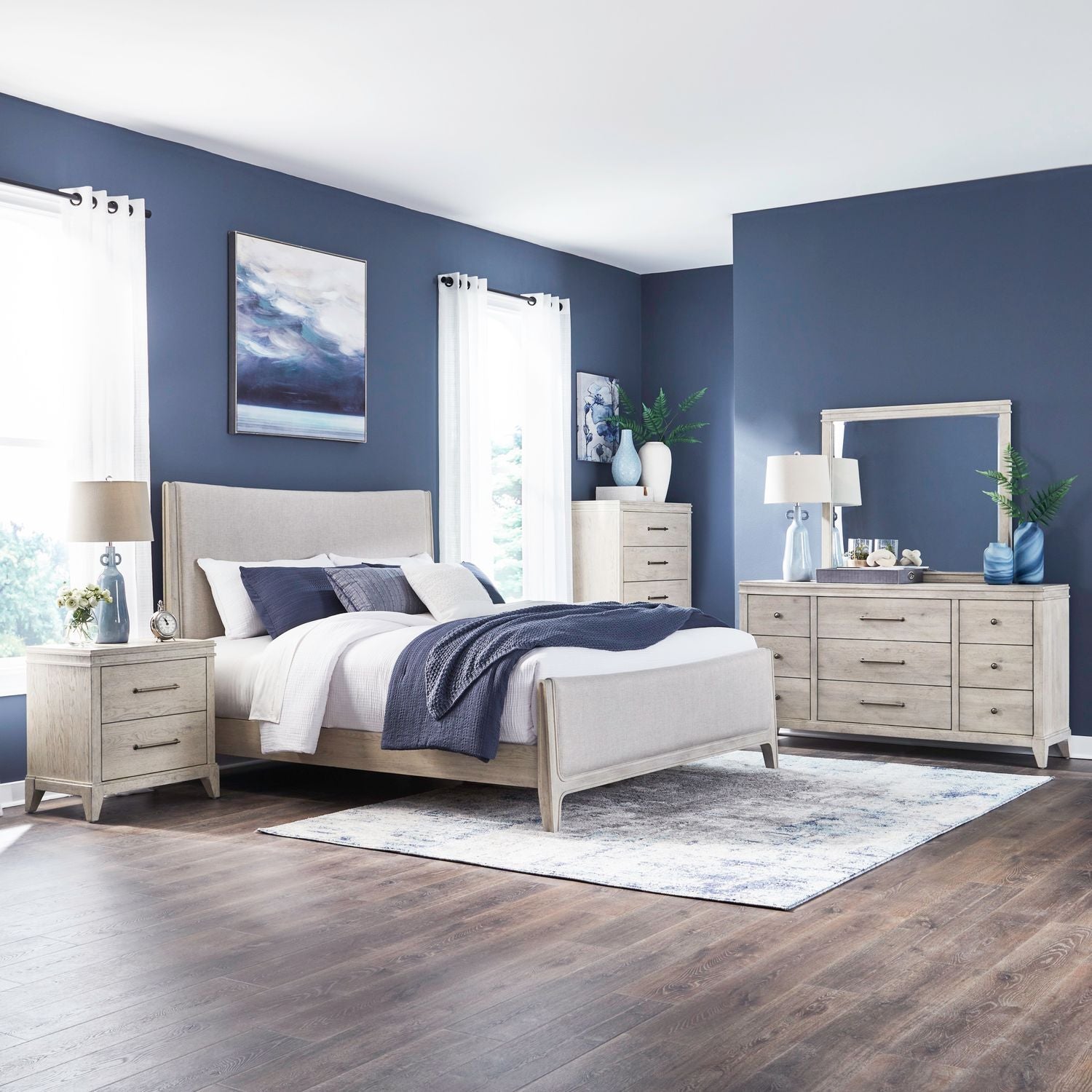 New Haven King Upholstery Bed, Dresser & Mirror, Chest, Nightstand