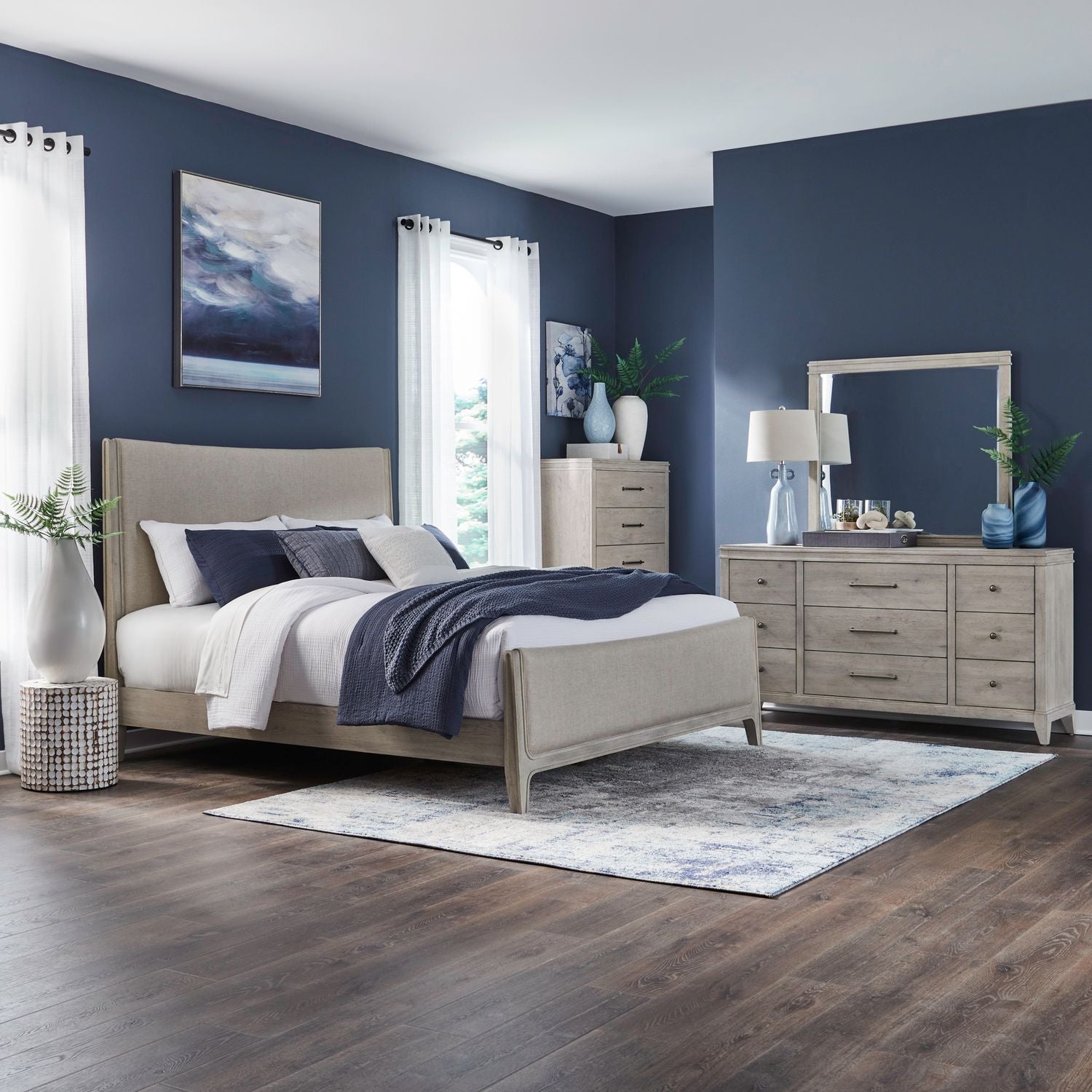 New Haven Queen Upholstery Bed, Dresser & Mirror, Chest