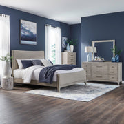 New Haven Queen Upholstery Bed, Dresser & Mirror, Chest