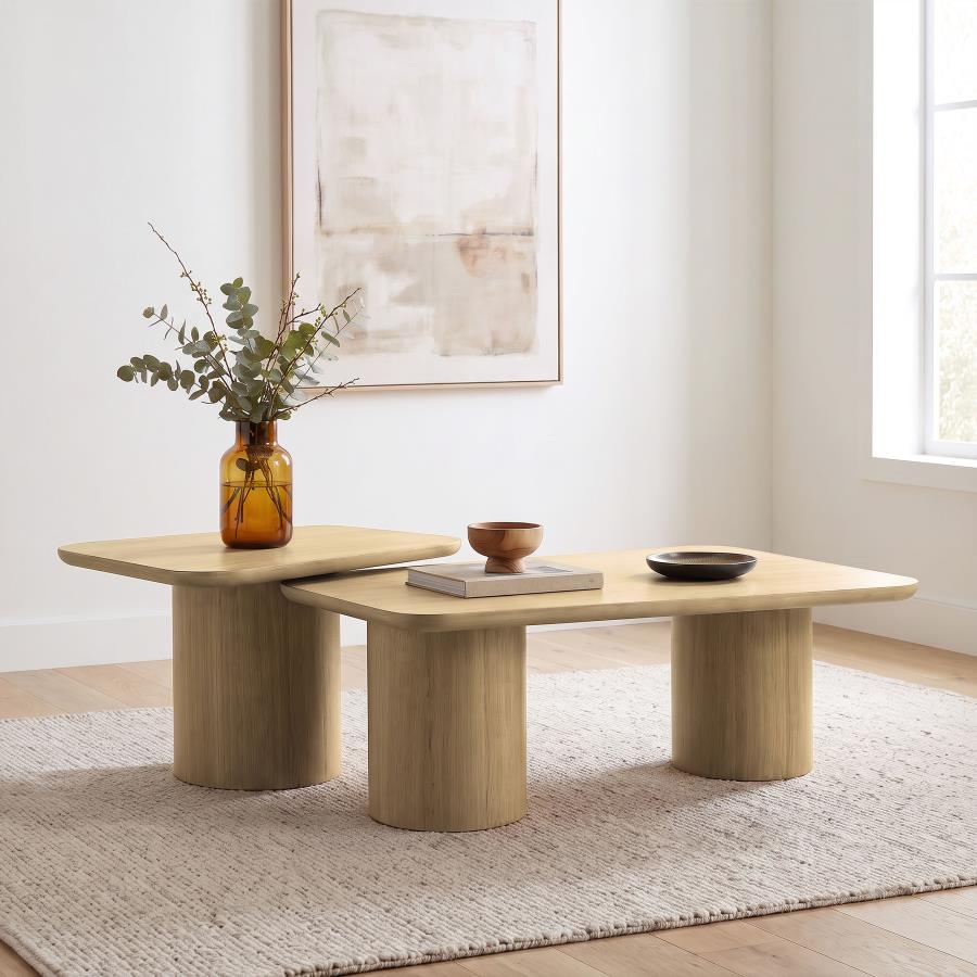Lester 2-Piece Rounded Pedestal Nesting Coffee Table Set Honey Oak