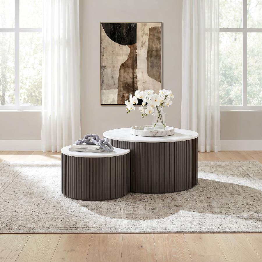 Lowe 2-Piece Round Marble Top Nesting Coffee Table Set Charcoal