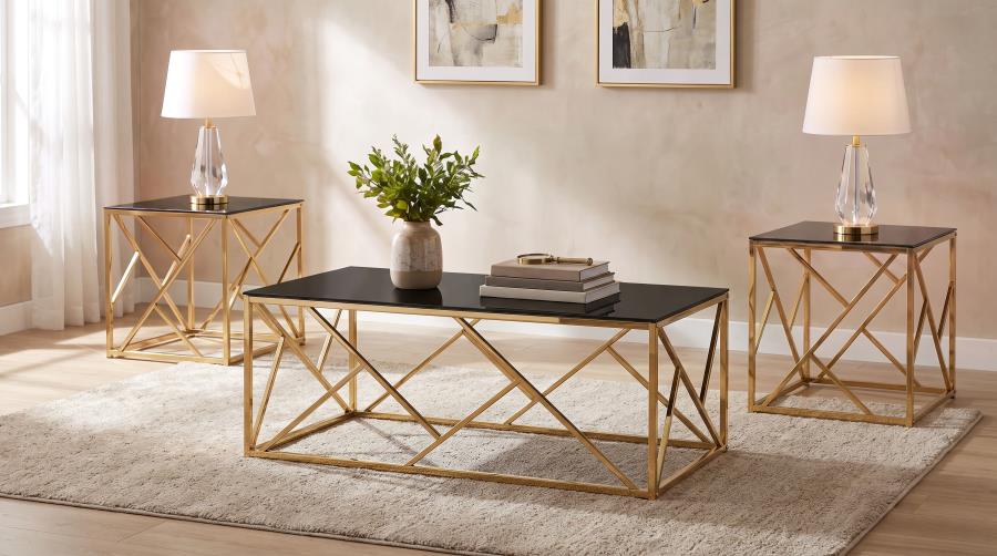 Comisso Contemporary 3-Piece Tempered Glass Coffee Table Set Gold