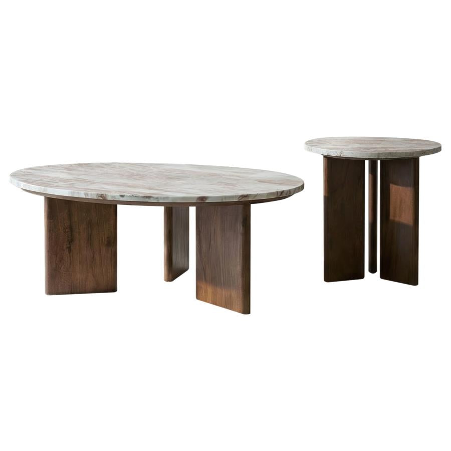 Jenna 2-piece Round Marble Top Coffee Table Set Brown