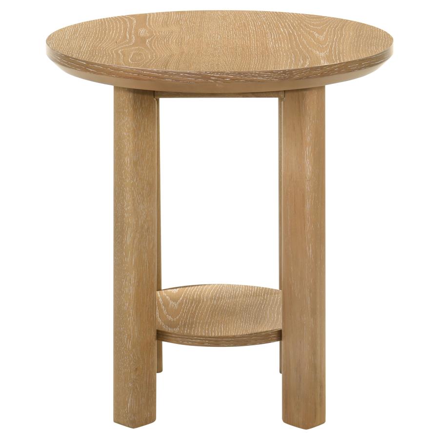 Ottowa Round Wood Side End Table with Shelf Washed Oak