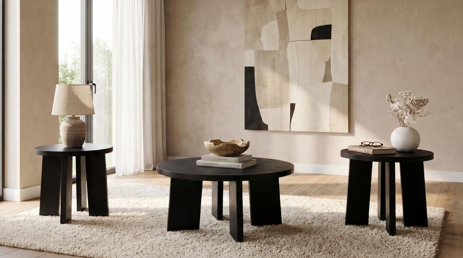 Strouse 3-Piece Round Coffee and End Table Set in Black