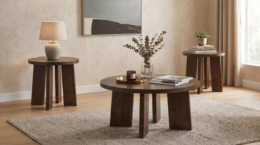 Strouse 3-Piece Round Coffee and End Table Set in Walnut