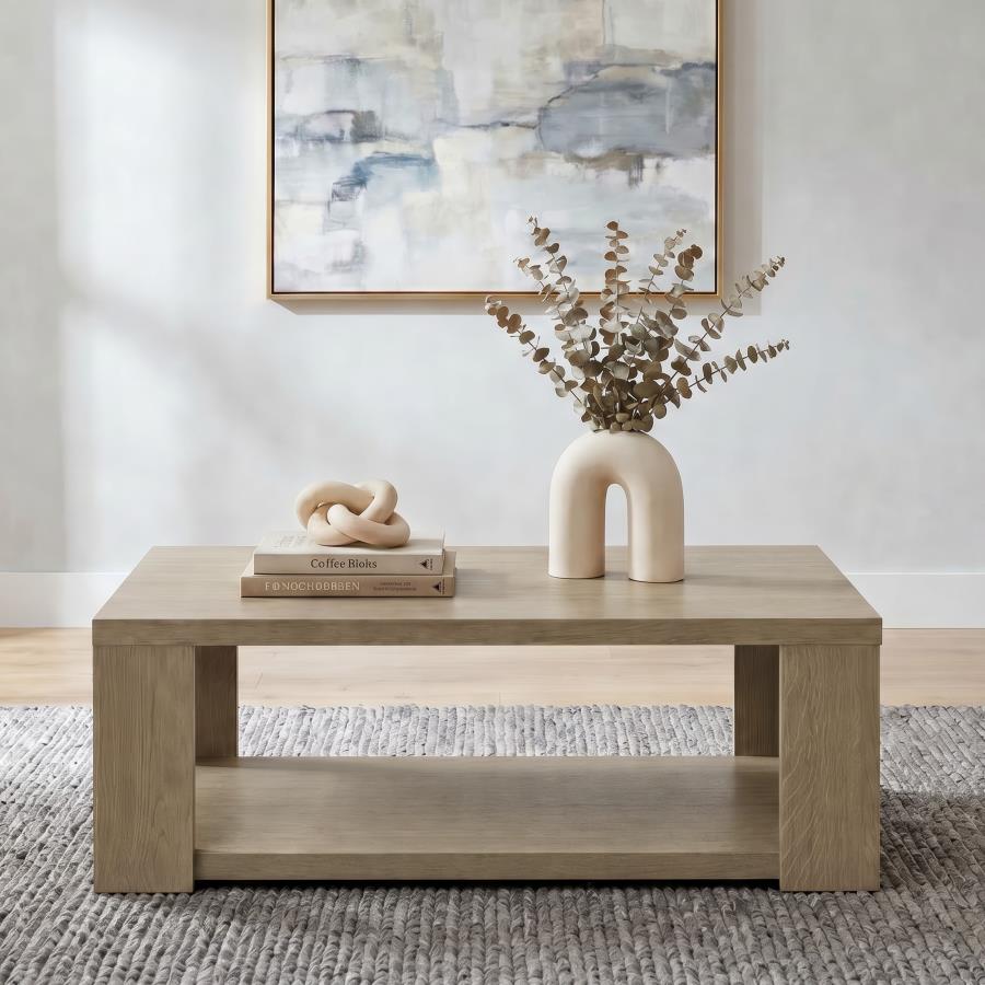 Pavone Transitional Rectangular Coffee Table with Open Lower Shelf Latte