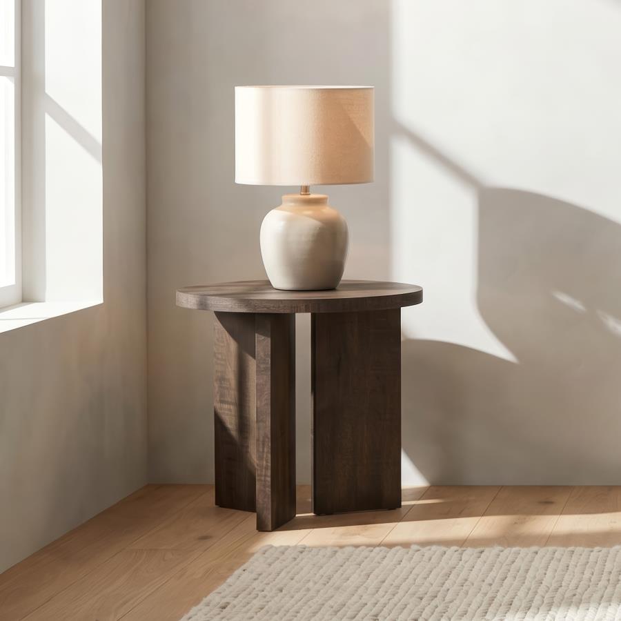 Aragon Round Panel Base End Table Dark Rustic Mango