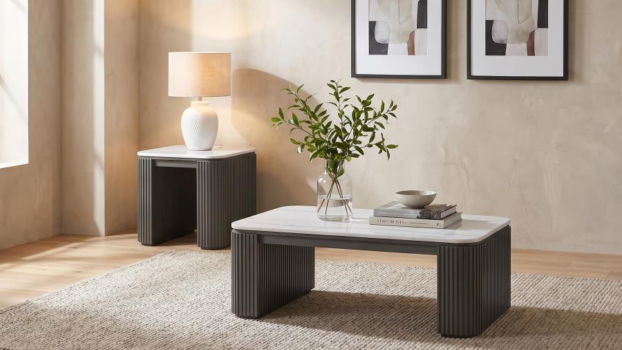 Lior 2-Piece Rectangular Marble Top Coffee and End Table Set Charcoal