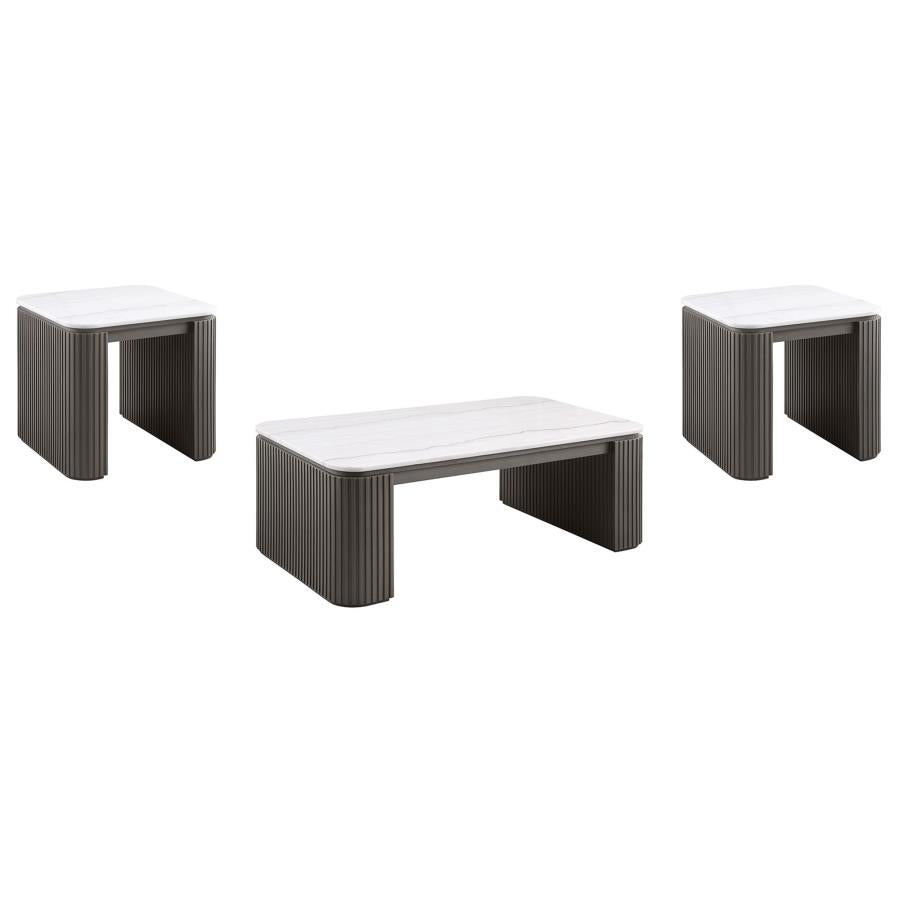Lior 3-Piece Rectangular Marble Top Coffee and End Table Set Charcoal
