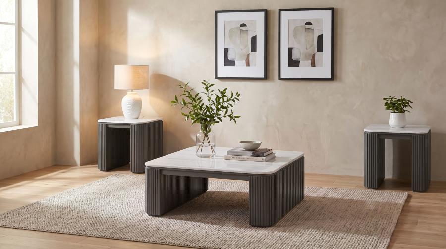Lior 3-Piece Square Marble Top Coffee and End Table Set Charcoal
