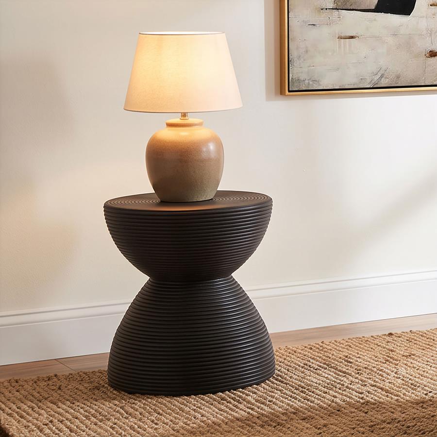 Macedo Round Ribbed Rattan Drum End Table Black
