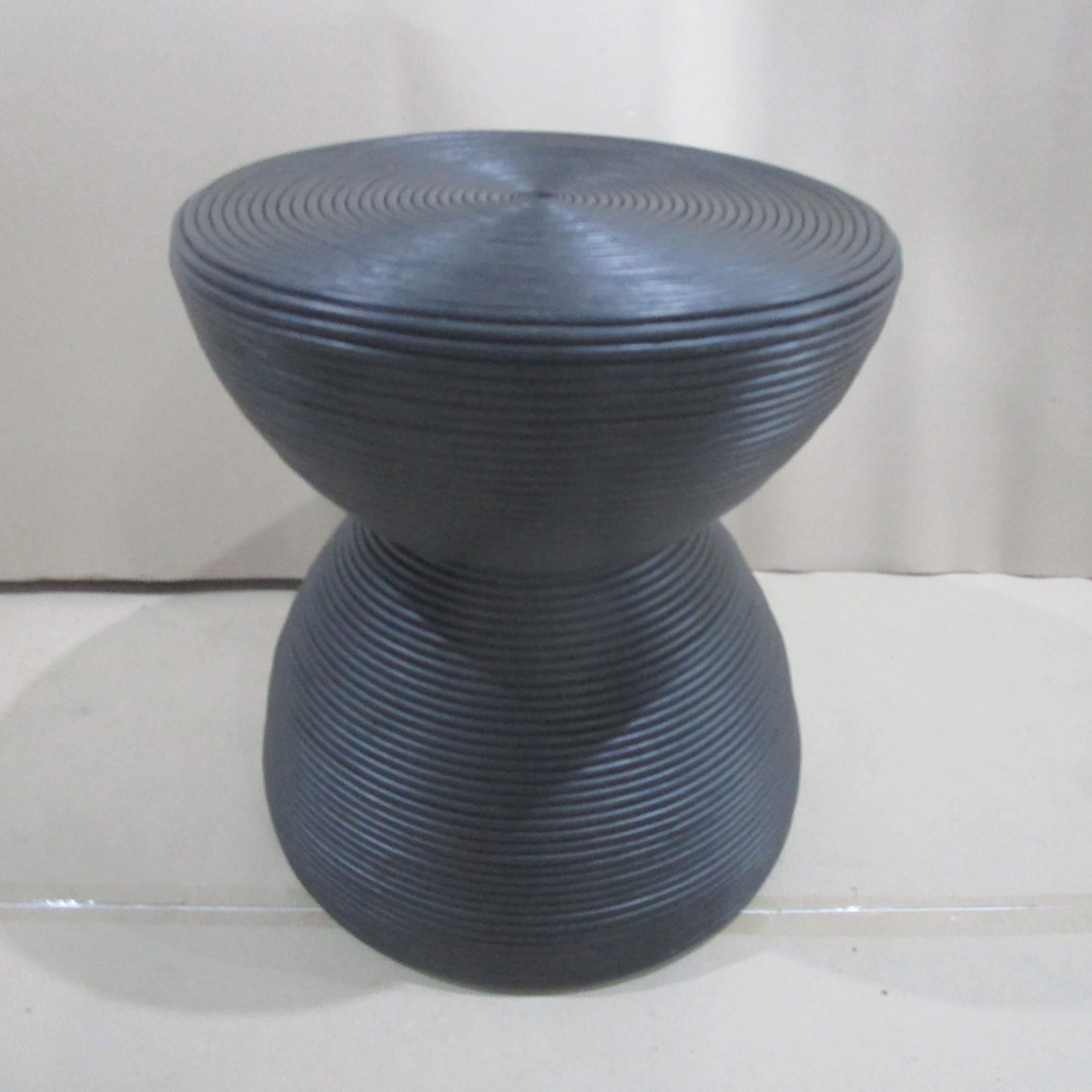 Macedo Round Ribbed Rattan Drum End Table Black