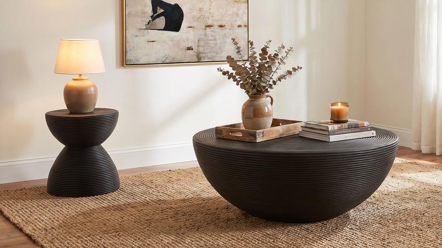 Macedo 2-Piece Transitional Round Rattan Coffee and End Table Set Black