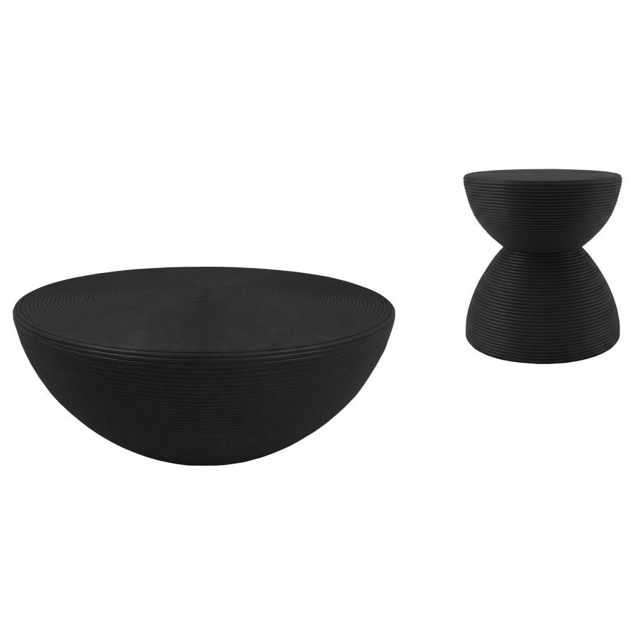 Macedo 2-Piece Transitional Round Rattan Coffee and End Table Set Black